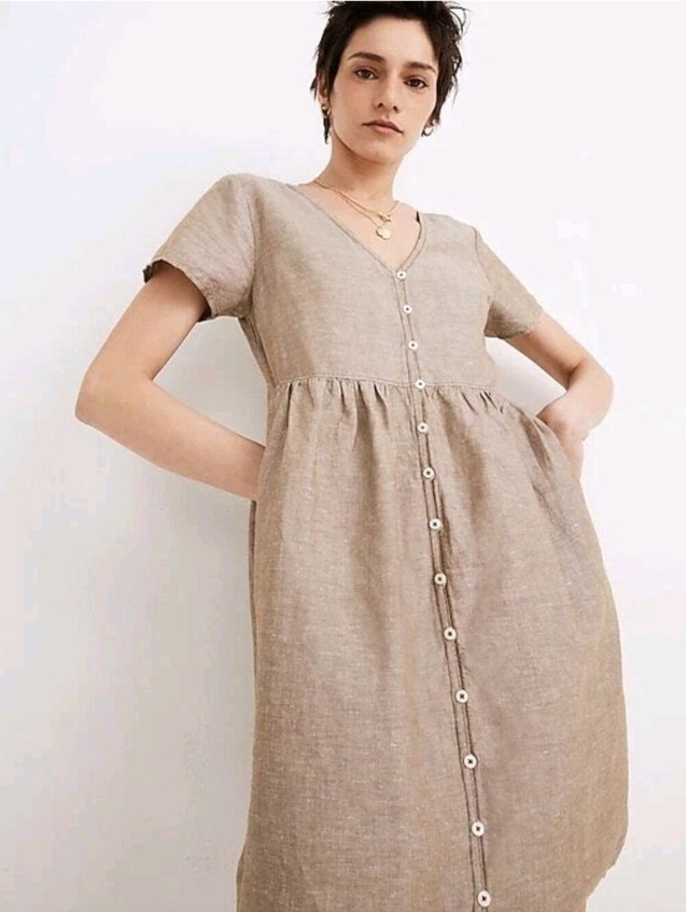 Madewell Linen-Blend Alexandra Button-Front Mini Dress XXL Olive Branch